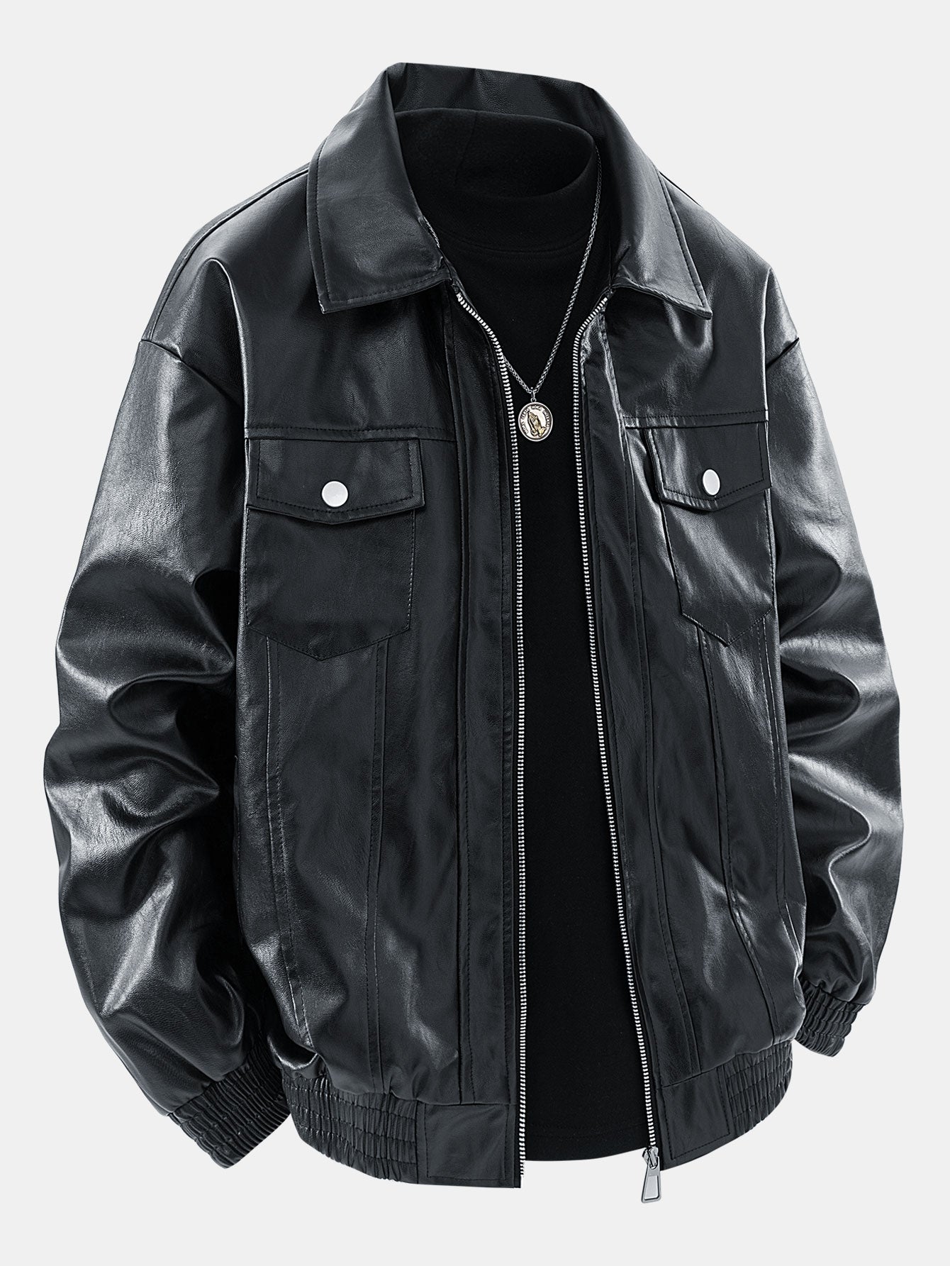 Classic Black Leather Bomber Jacket